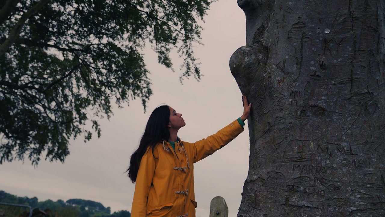 Woman Touching Tree Trunk