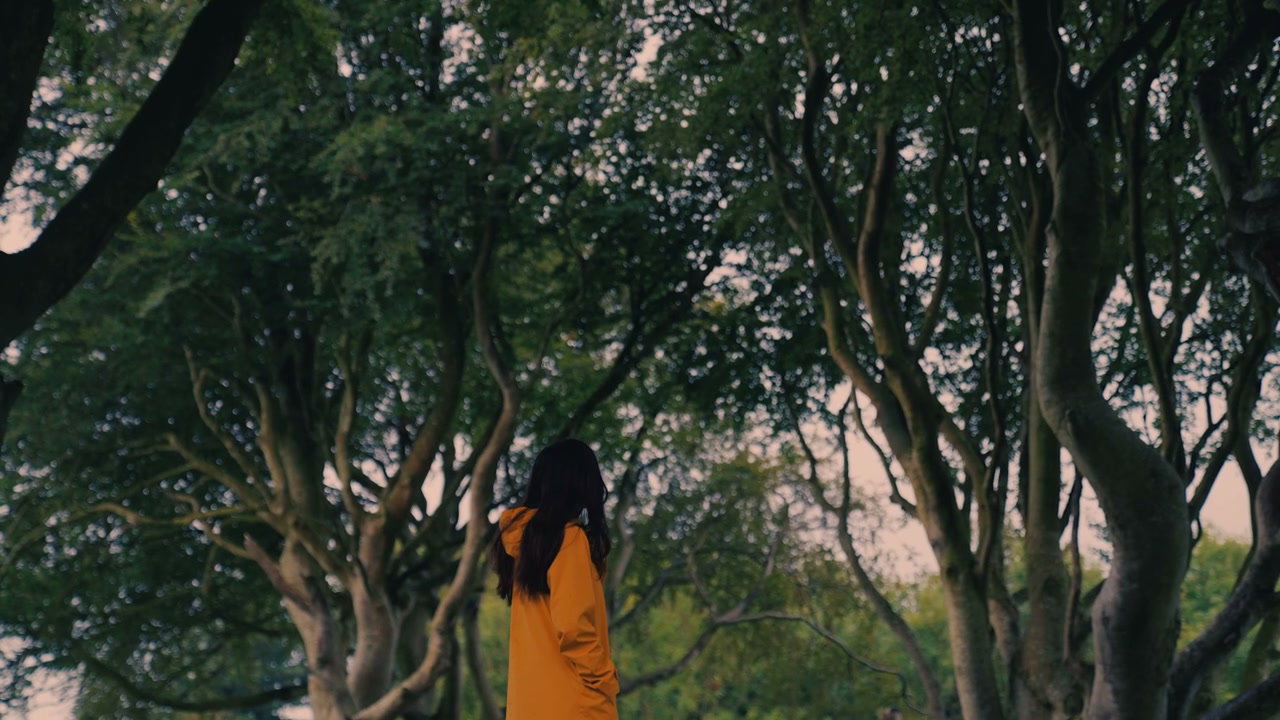 Woman in Yellow Raincoat at Dark Hedges