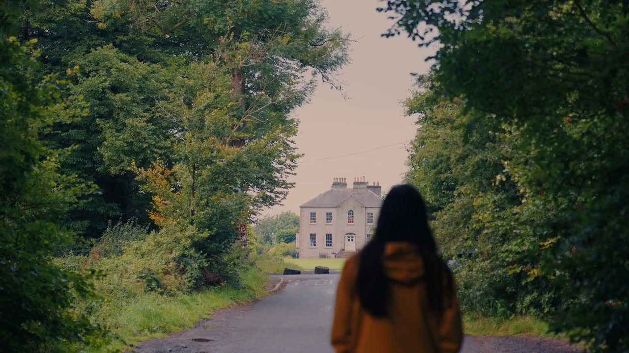 Person Walks Towards Dark Hedges House