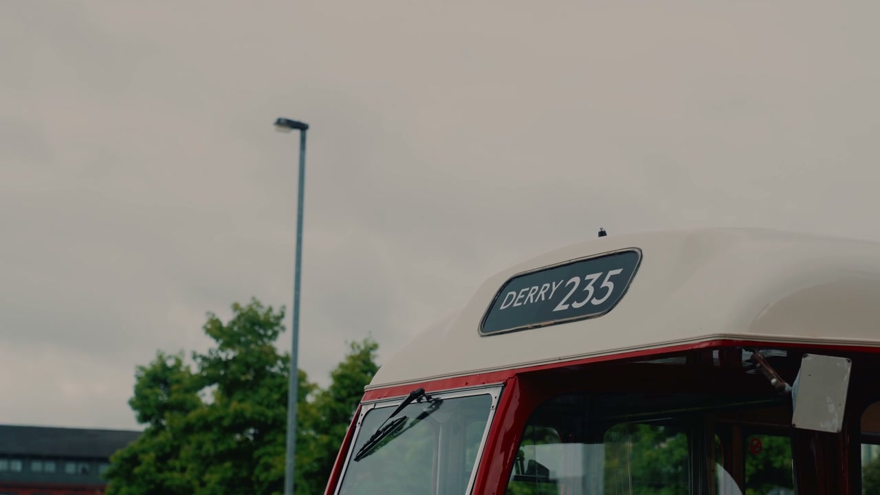 Front of Vintage Bus Displaying Derry 235