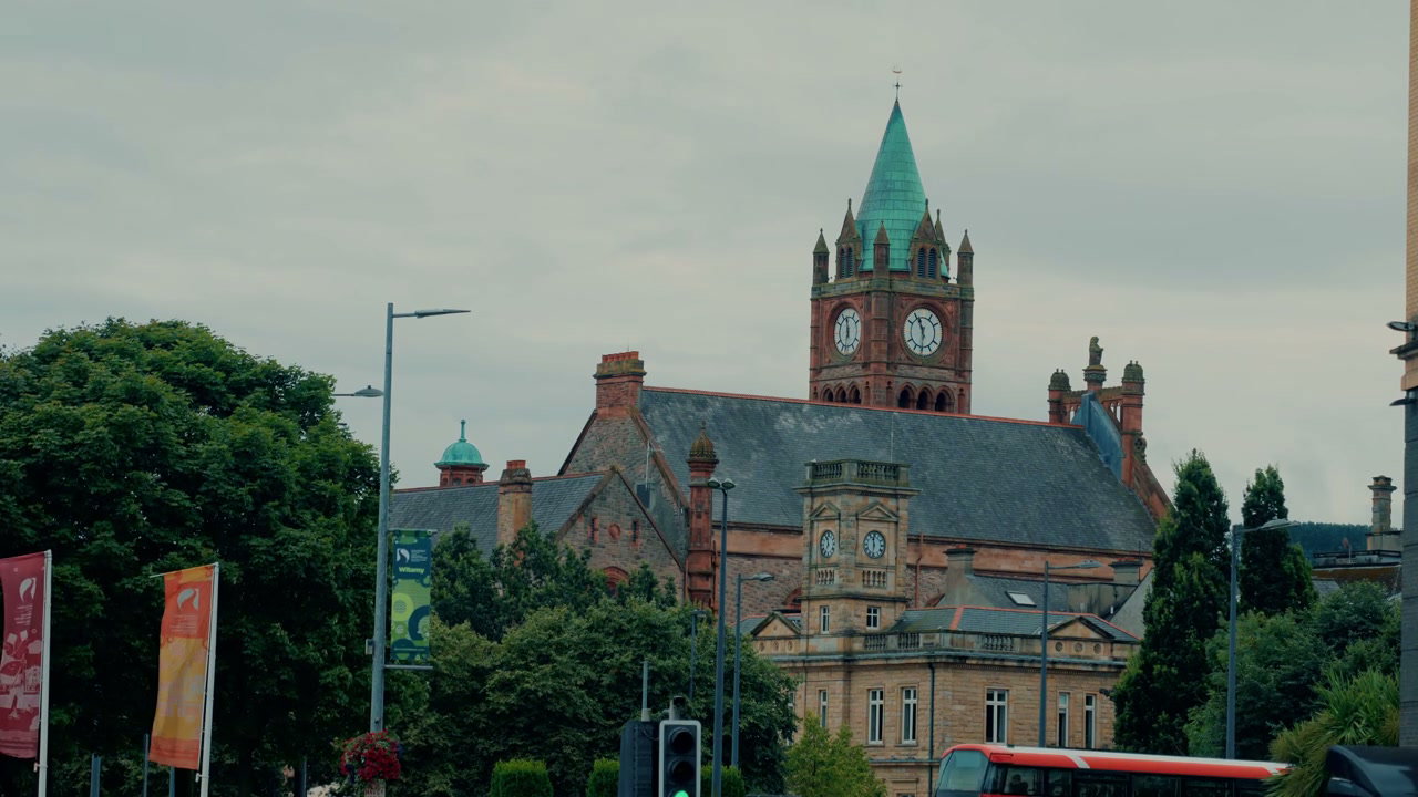 Derry Guildhall and Passing City Bus