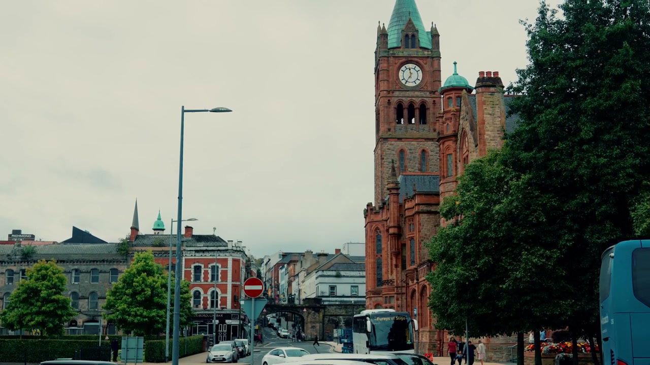 Derry Guildhall Clock Tower and City Street