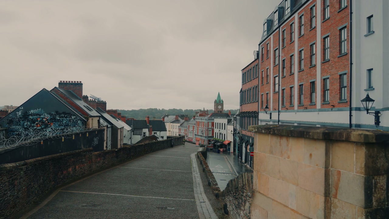 Derry City Street View with Clock Tower
