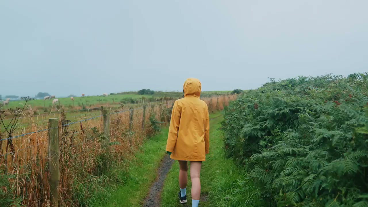 Hiker in Yellow Raincoat on Rural Path