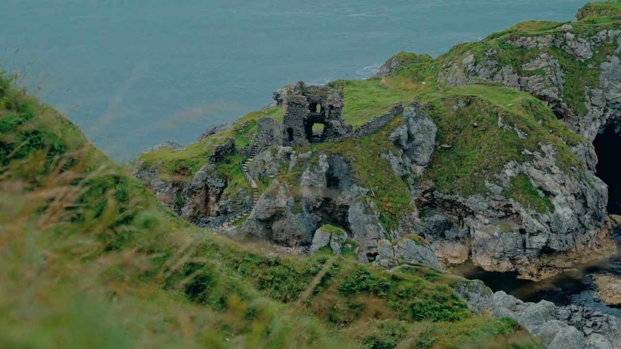 Kinbane Castle on a Grassy Coastal Cliff