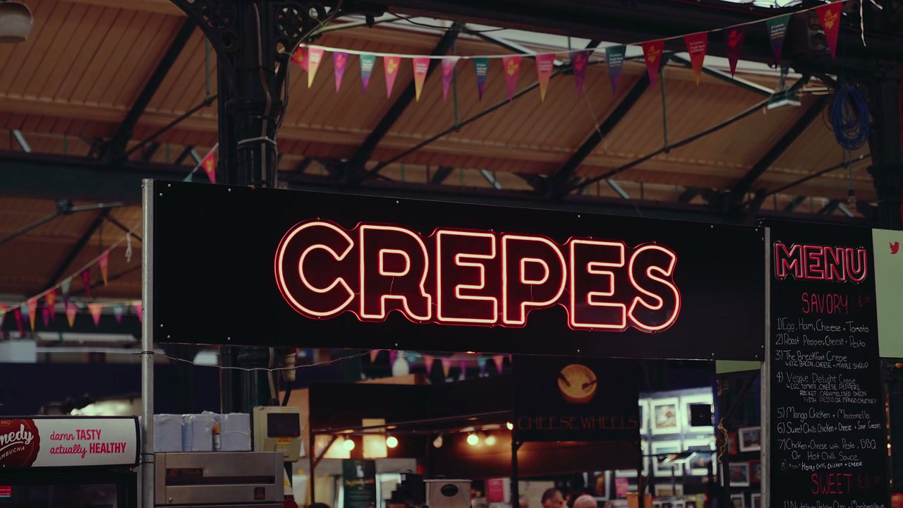 Neon Crepes Sign in Belfast Market