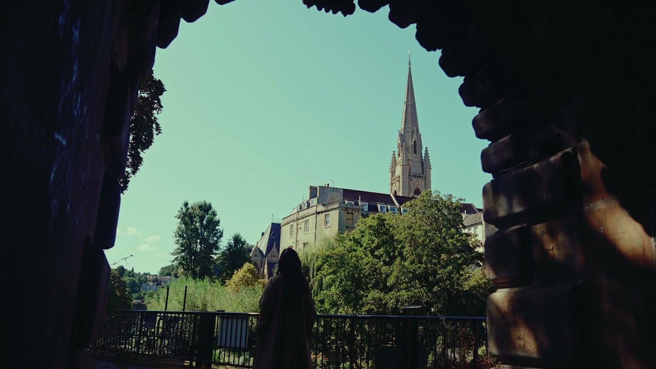 View of Church Steeple Through Archway in Bath
