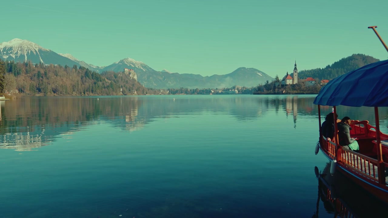 Lake Bled Island Church and Snowy Mountains