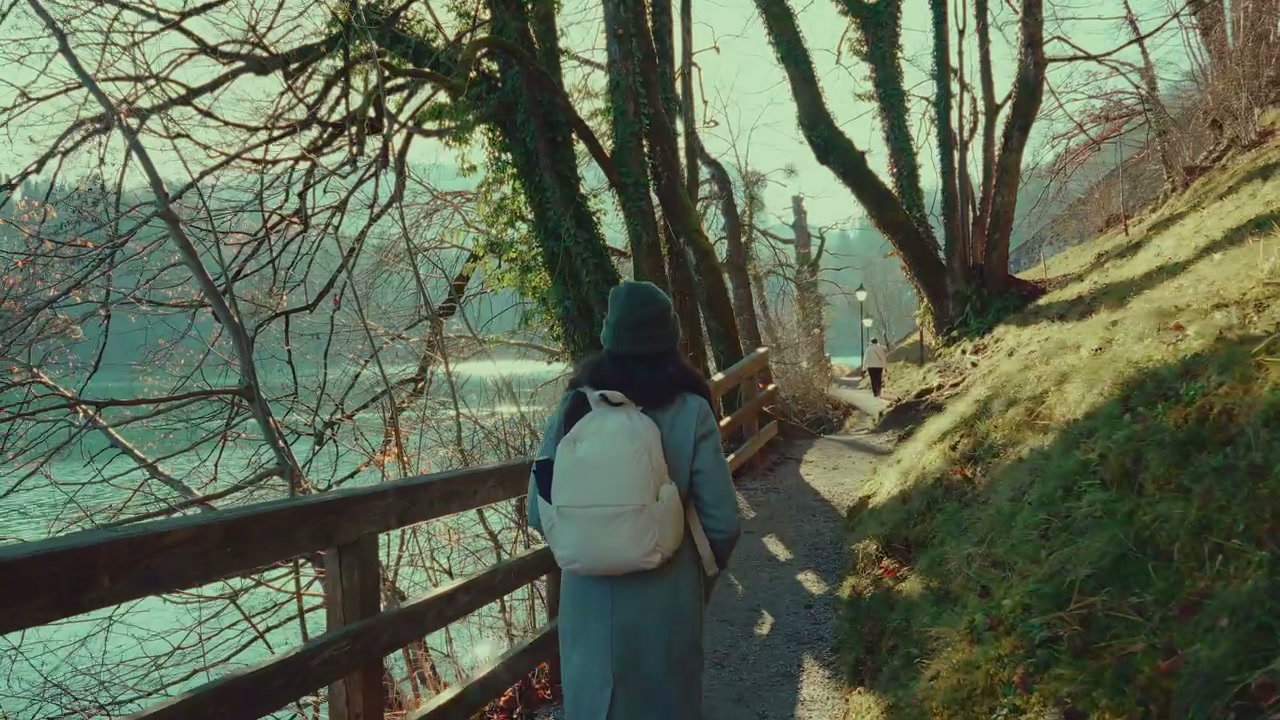 Person Walking on Lakeside Path in Bled