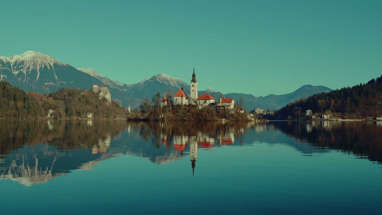 Lake Bled Island Church with Mountain Reflection