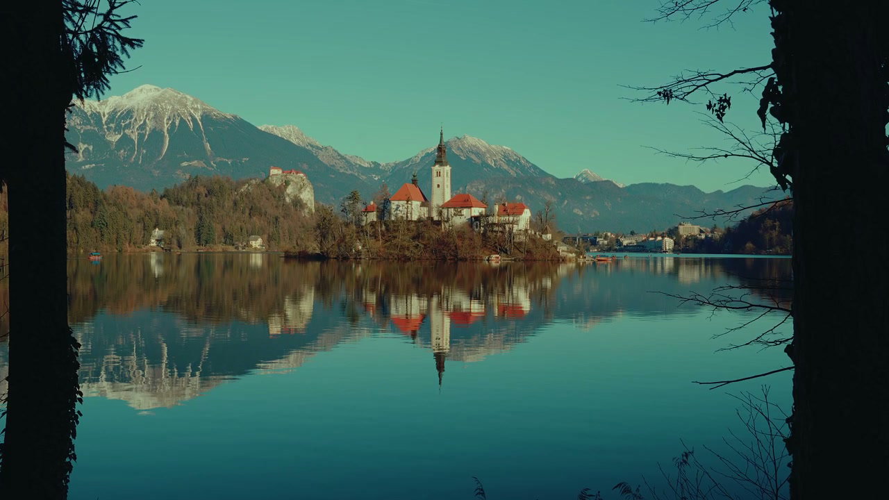 Lake Bled Island Church with Mountains