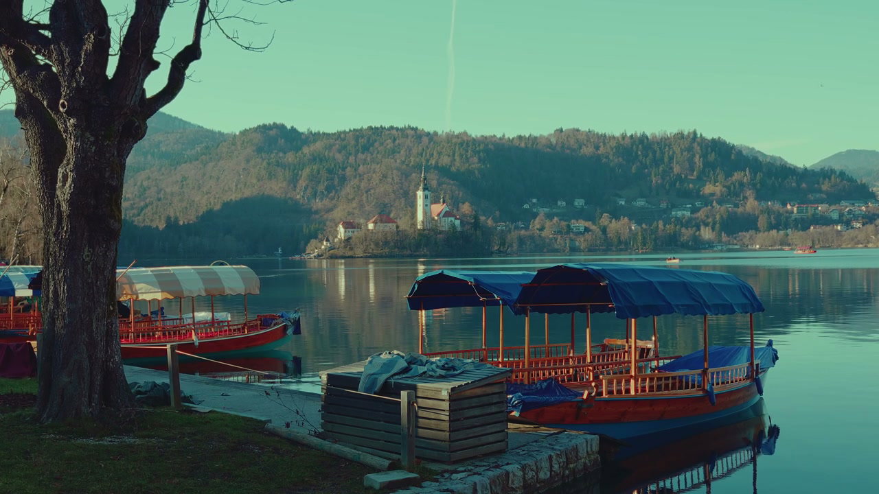 Lake Bled with Pletna Boats and Island Church