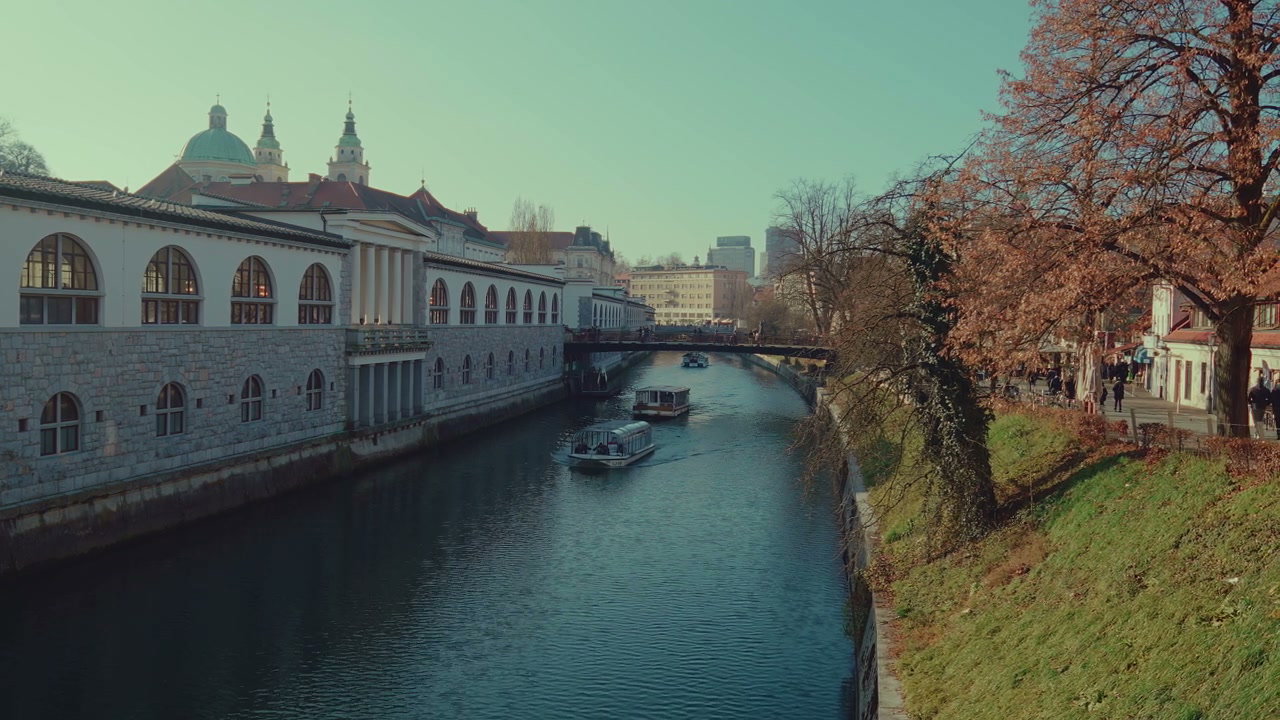 Boats on Ljubljanica River in Ljubljana City