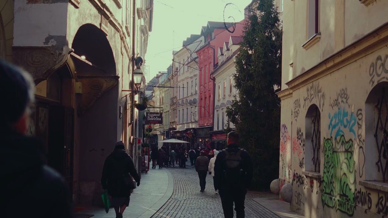 People Walking on Cobblestone Street in Ljubljana