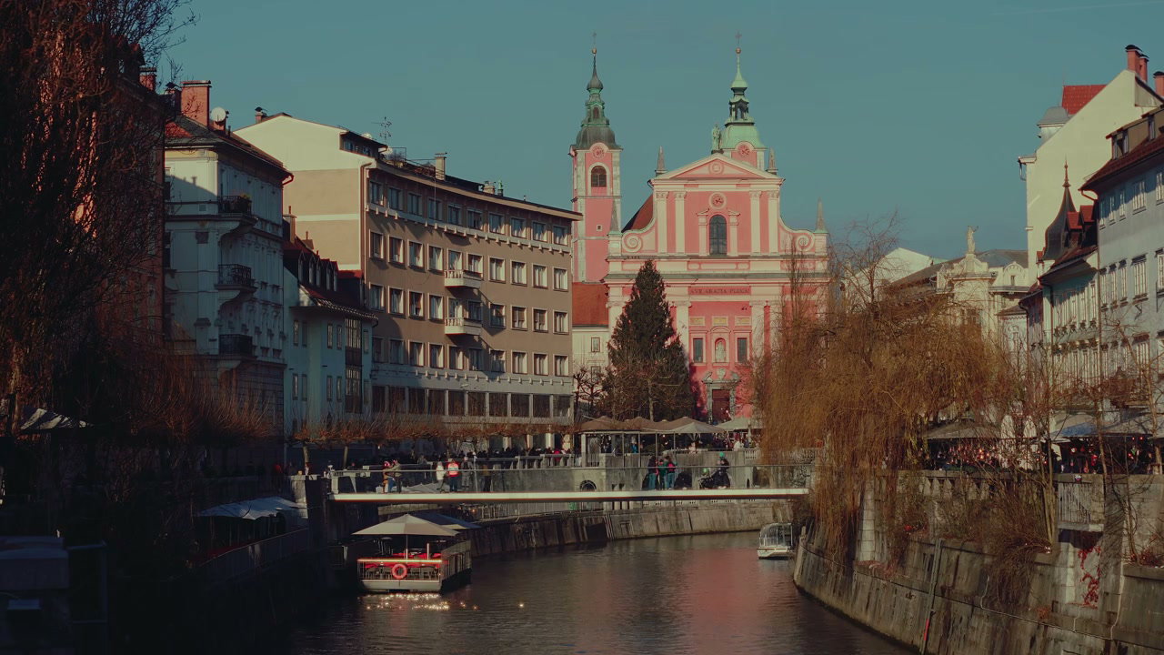 Ljubljana Cityscape with River and Pink Church