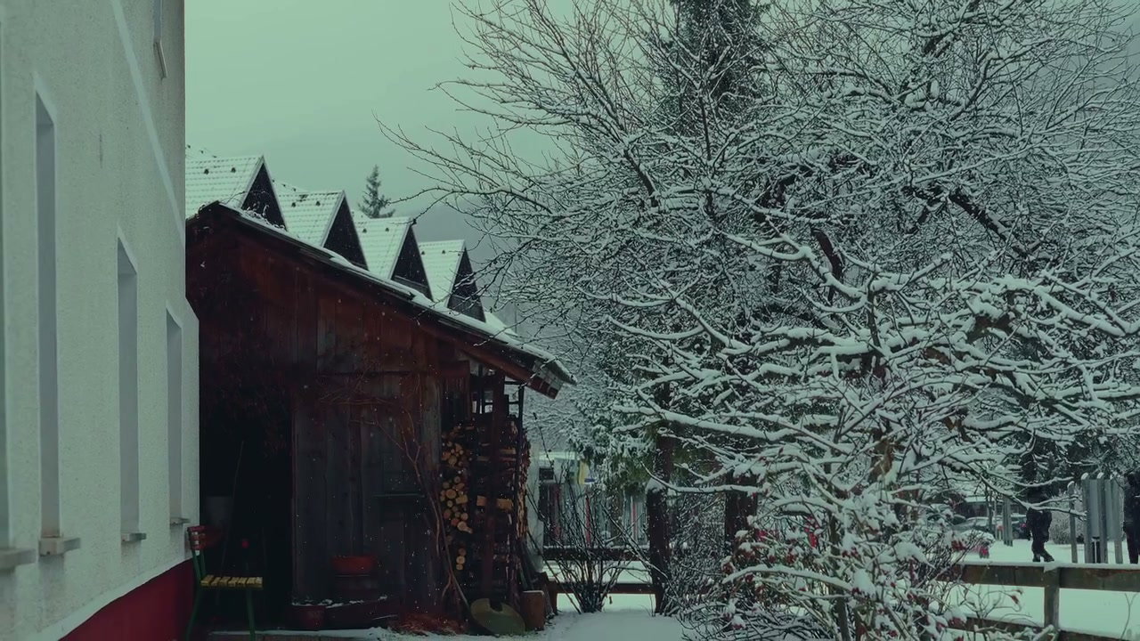 Snowy Village Scene With Light Snowfall