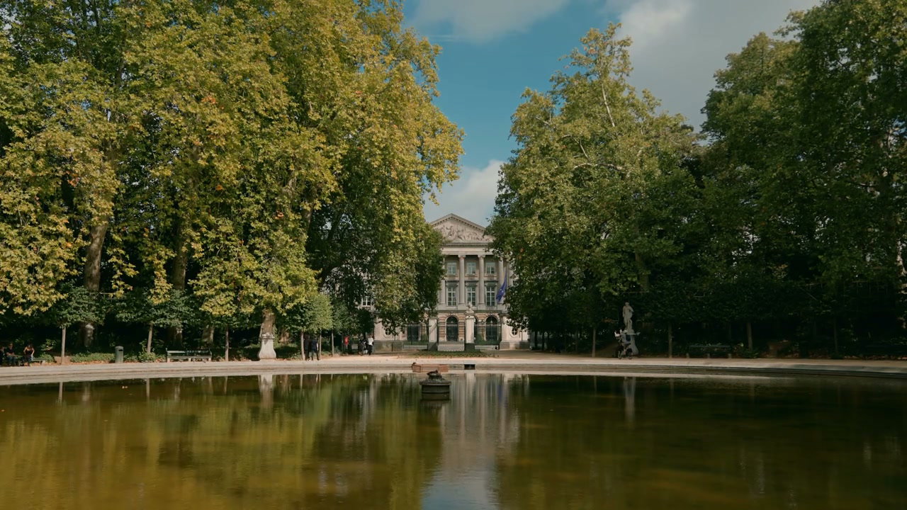Brussels Park with Grand Building and Pond