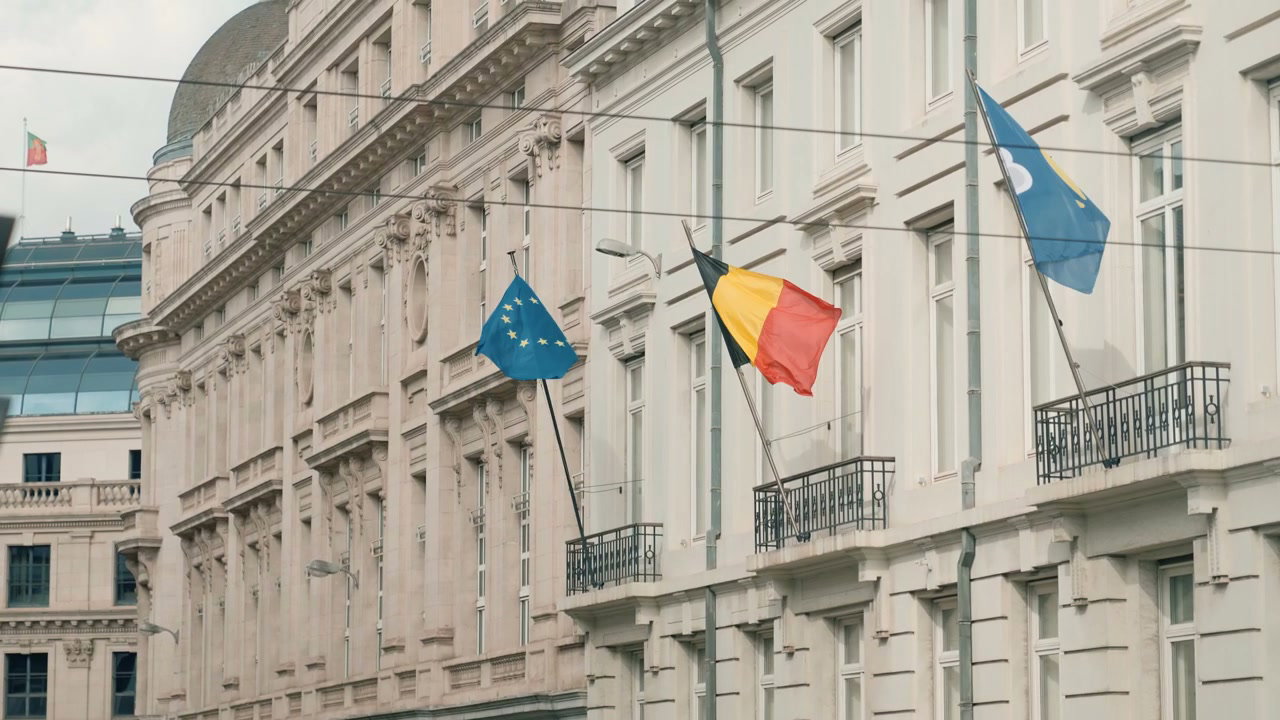 Flags Waving Outside Building in Brussels