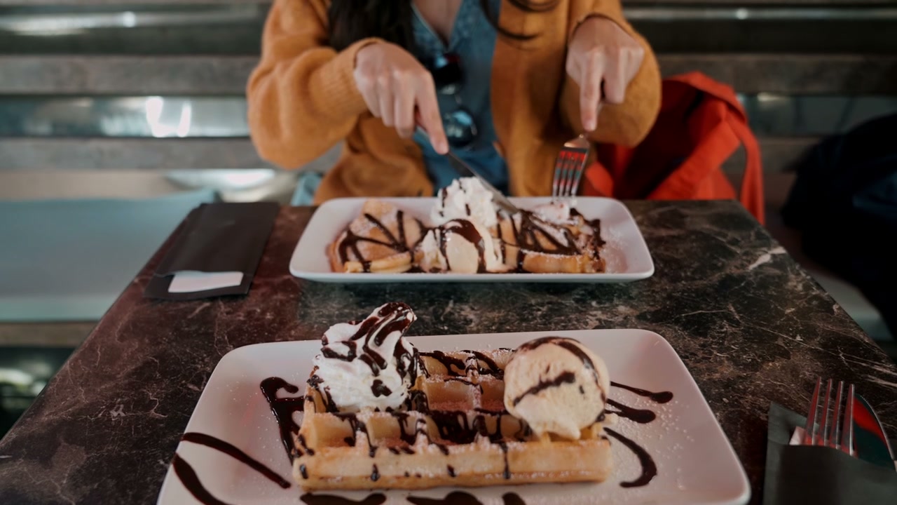 Waffles with Ice Cream in Brussels Cafe