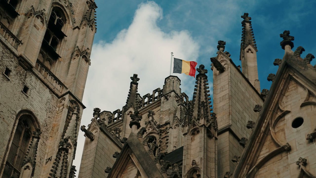 Gothic Architecture with Belgian Flag, Brussels