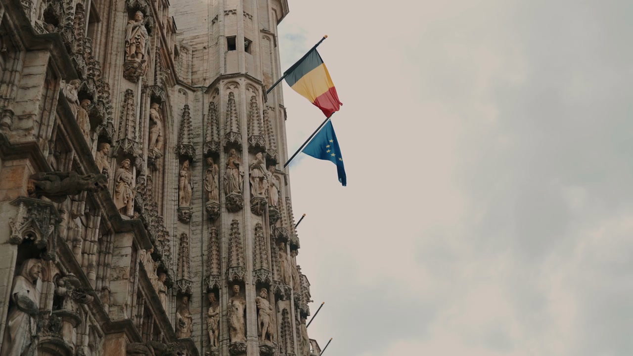 Brussels Town Hall with Belgian and EU Flags