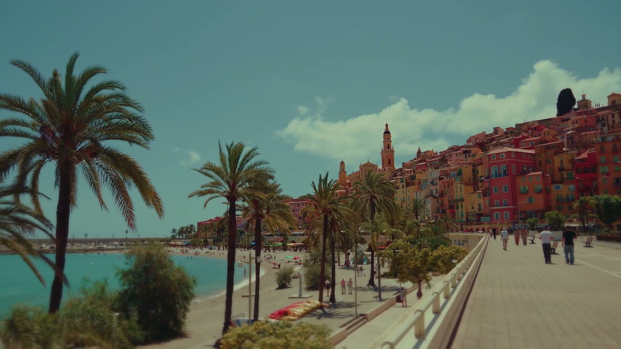 Menton Promenade with Colorful Buildings and Beach