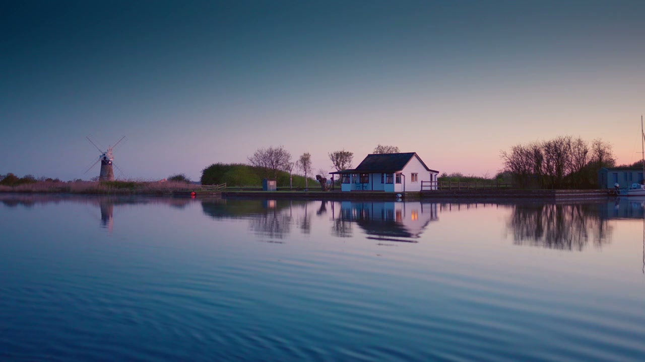 Norfolk Broads Mill and House Reflections at Dusk