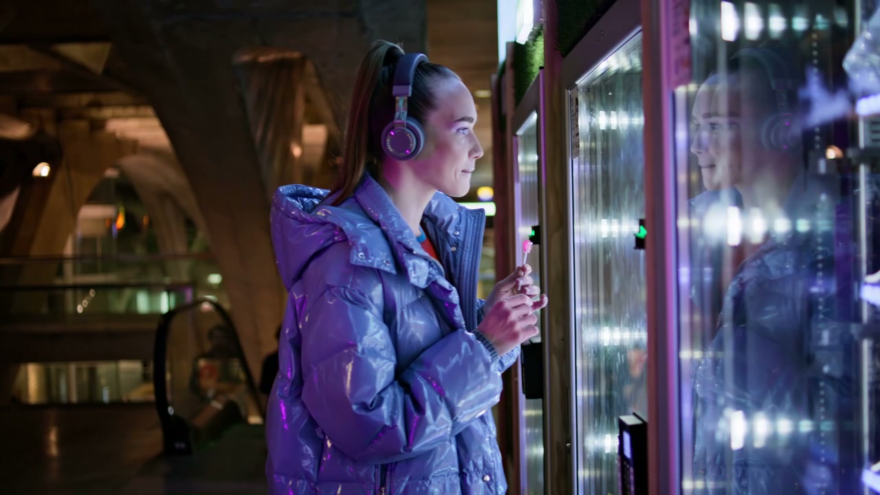 Woman Choosing Snacks from Vending Machine at Night