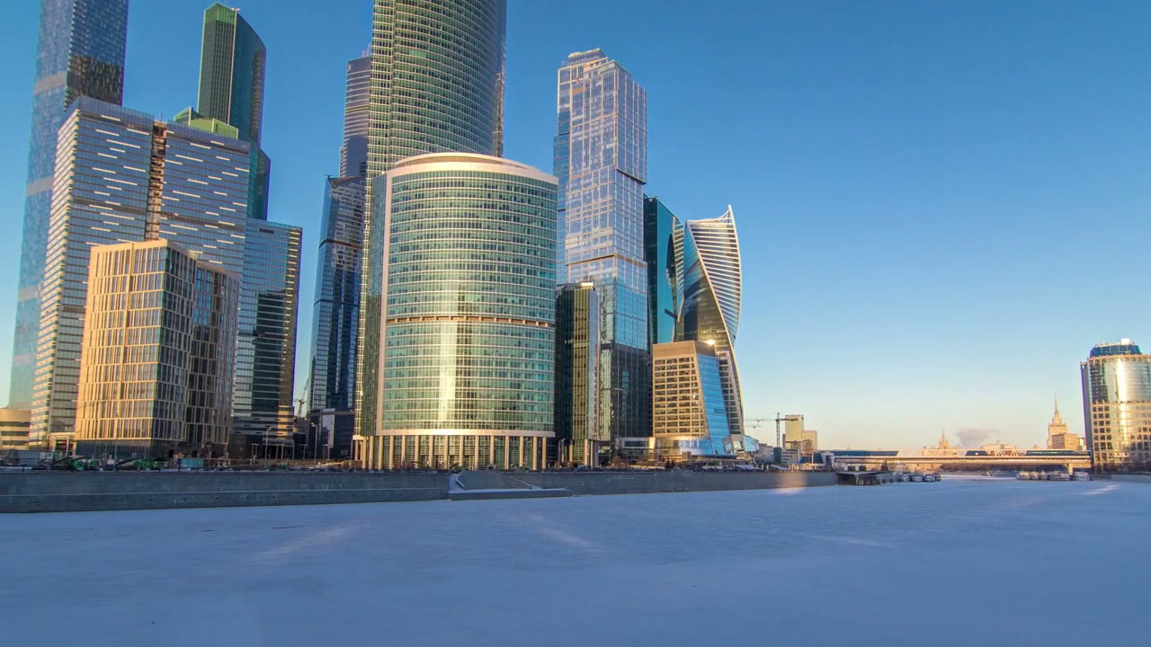Moscow City Skyscrapers Over Frozen River