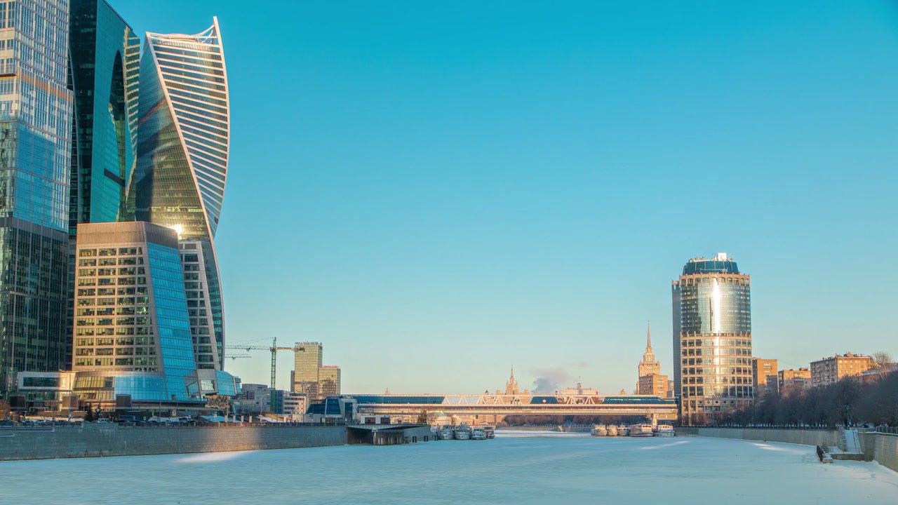 Moscow City Skyscrapers and Frozen River