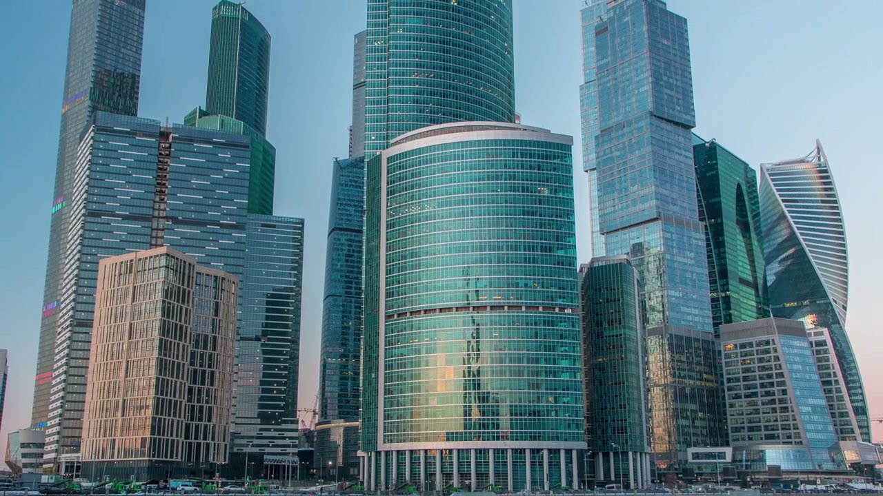 Moscow City Skyscrapers Transition to Night