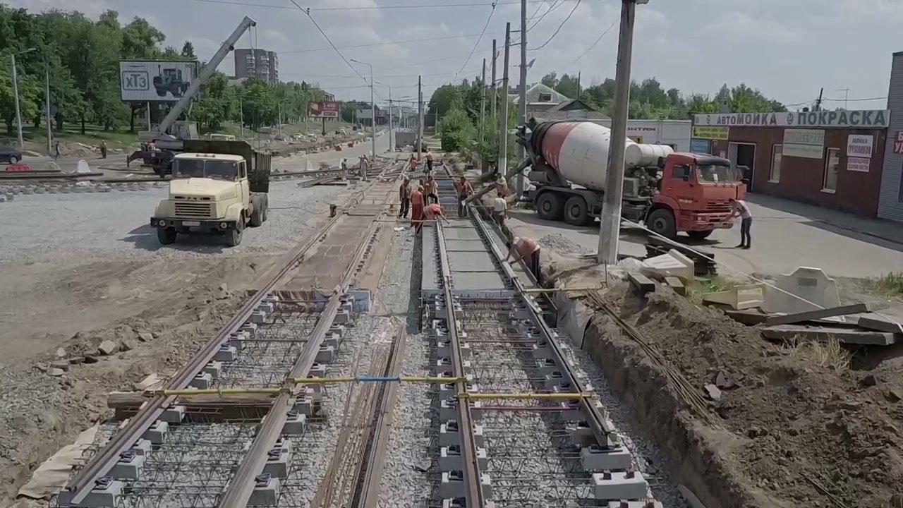 Tram Track Construction with Workers and Concrete