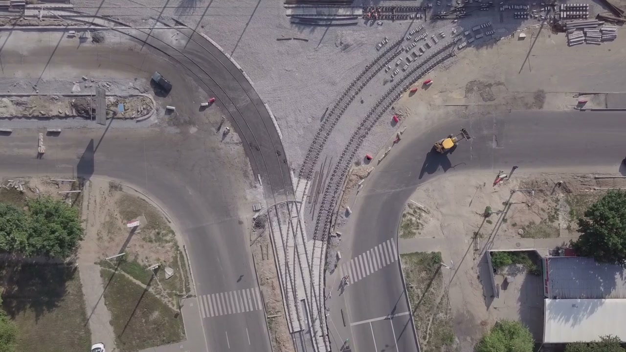 Urban Tram Track Construction Drone View