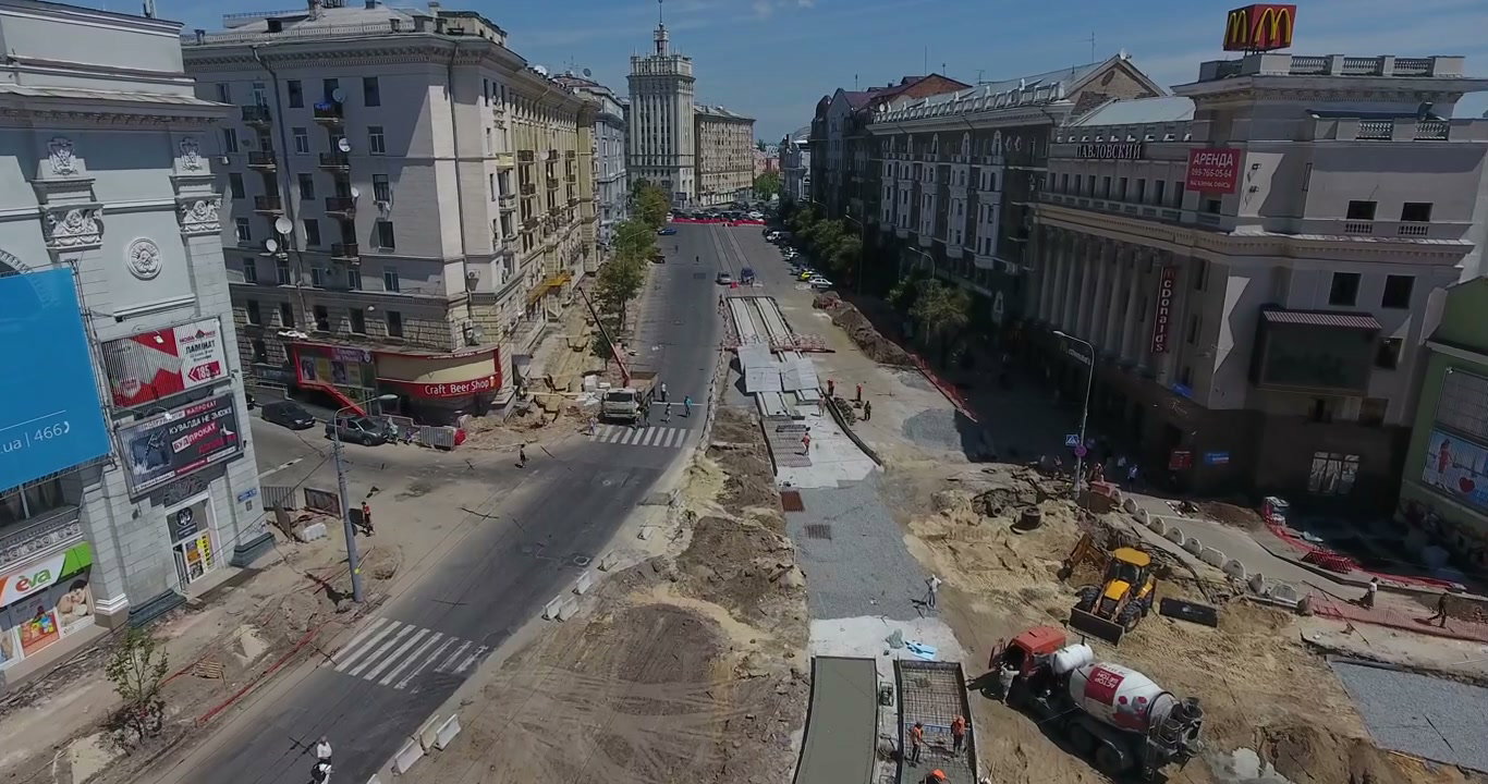 Aerial View of Urban Road and Tram Track Construction