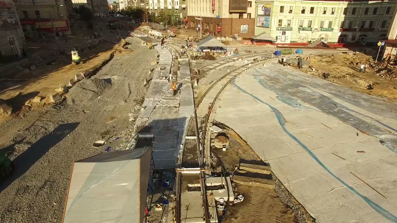Urban Tram Track Construction on City Street