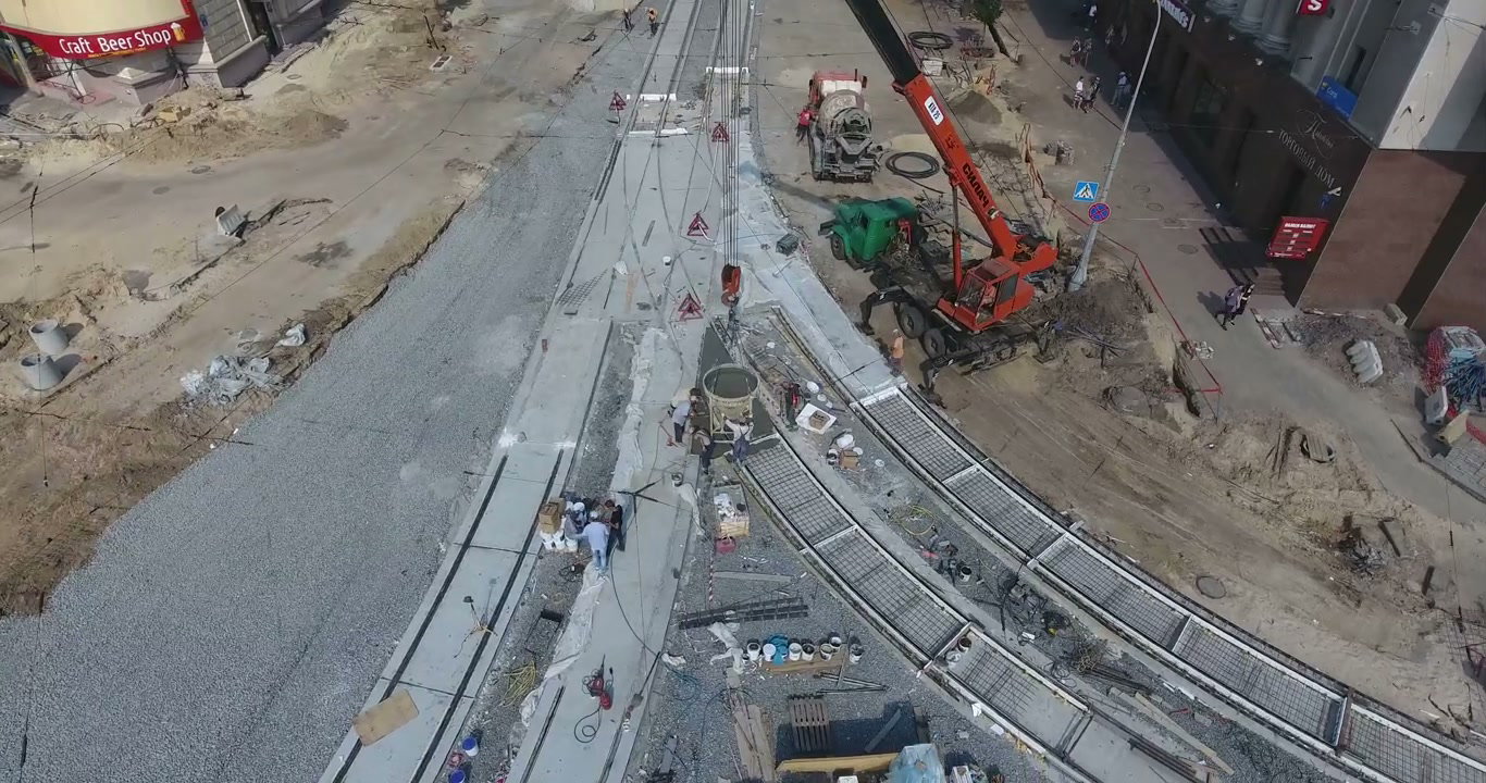 Aerial View of Urban Tram Track Construction