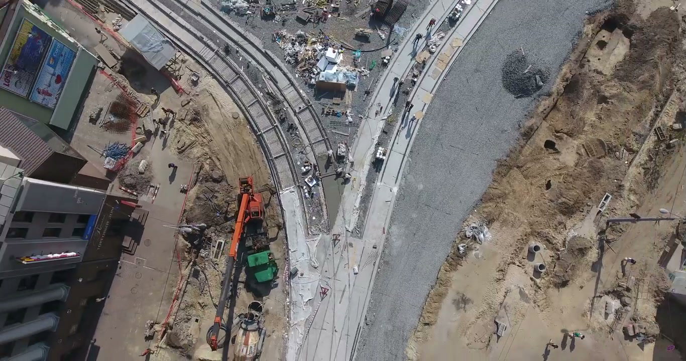 Aerial View of Urban Tram Track Construction