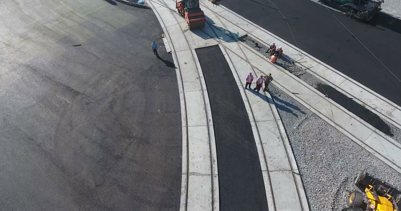 Aerial View of Road and Tram Track Construction