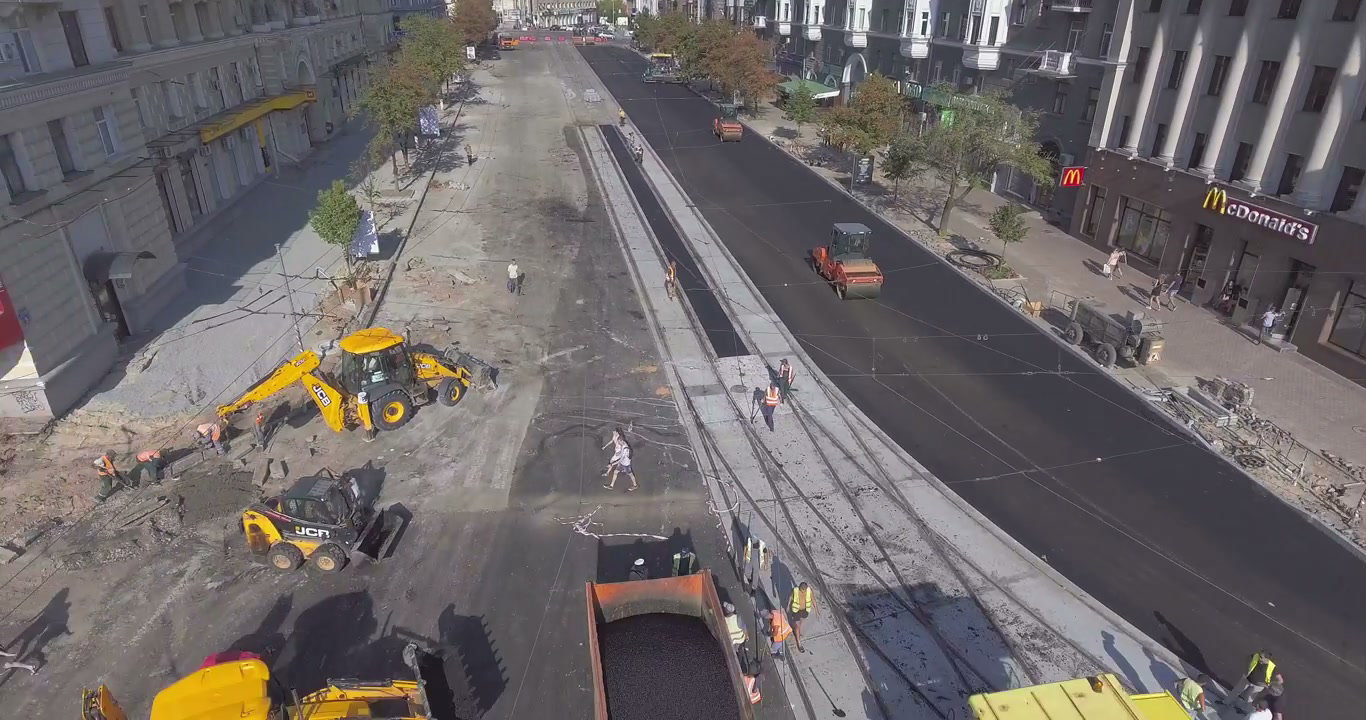 Urban Road Construction with Heavy Machinery