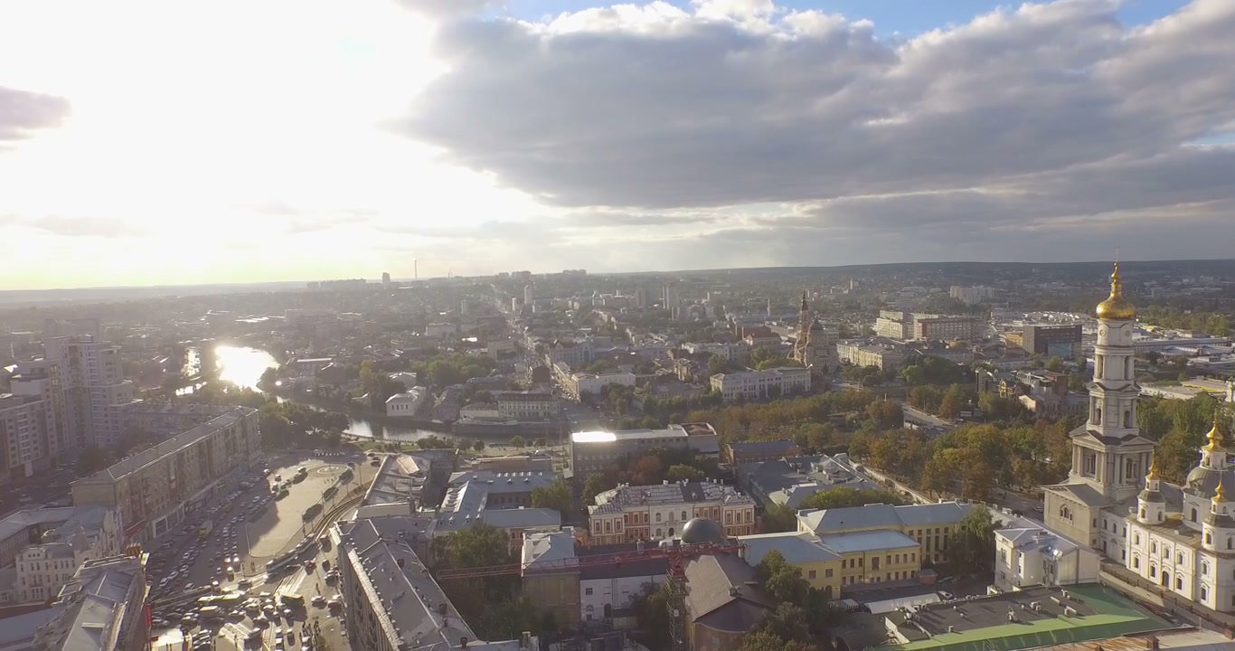 Aerial Cityscape with Golden Domed Churches