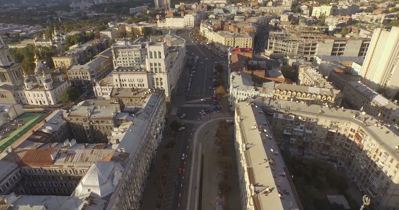 Downtown City Street Traffic Aerial View