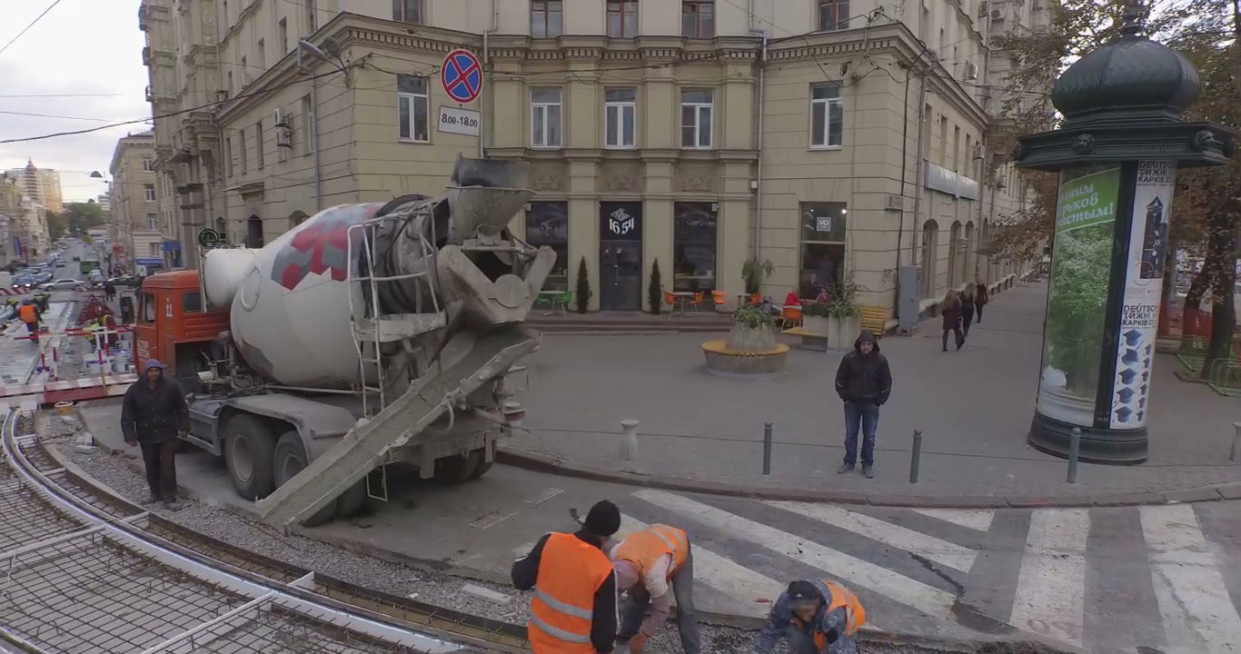 Construction Crew Laying New City Tram Tracks