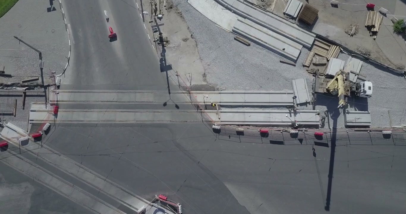 Aerial View of Urban Tram Track Construction