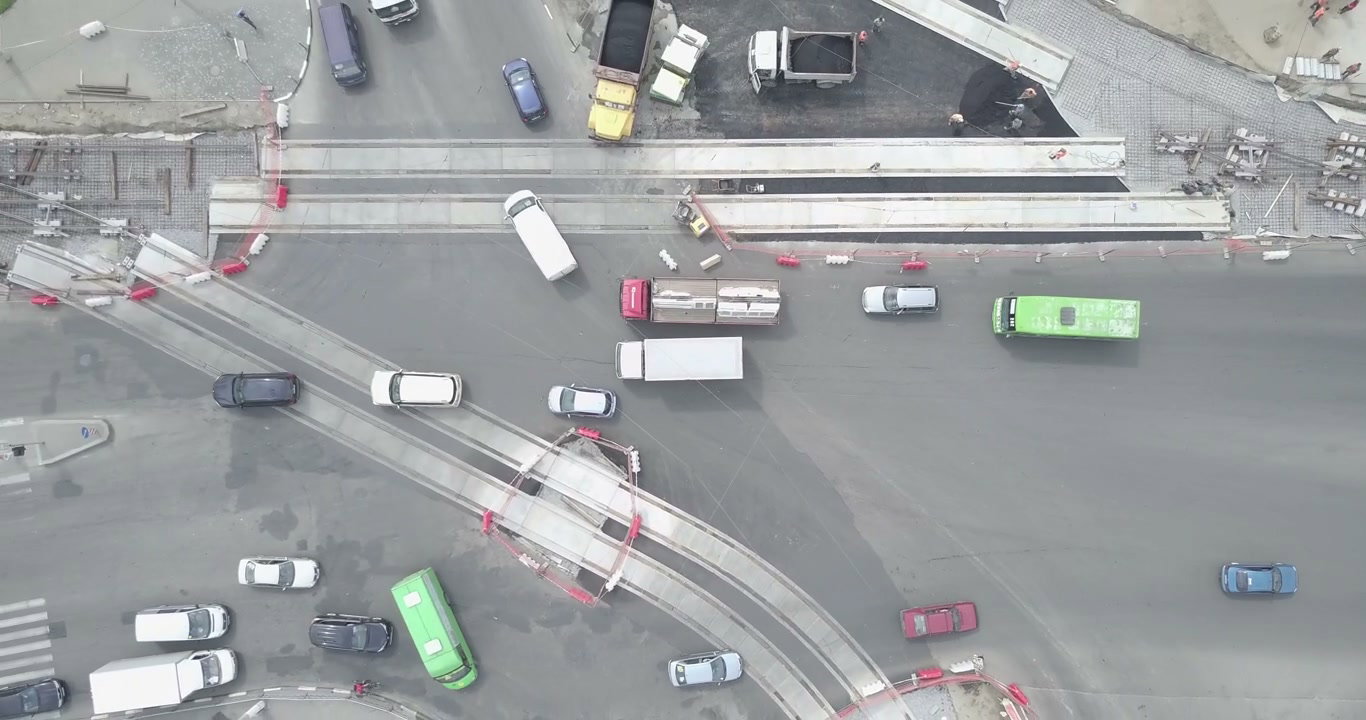 Drone View of Urban Intersection Road Construction