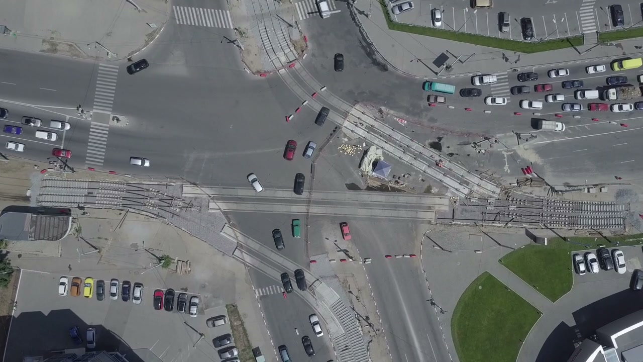 Aerial View of Urban Traffic Intersection with Roadwork