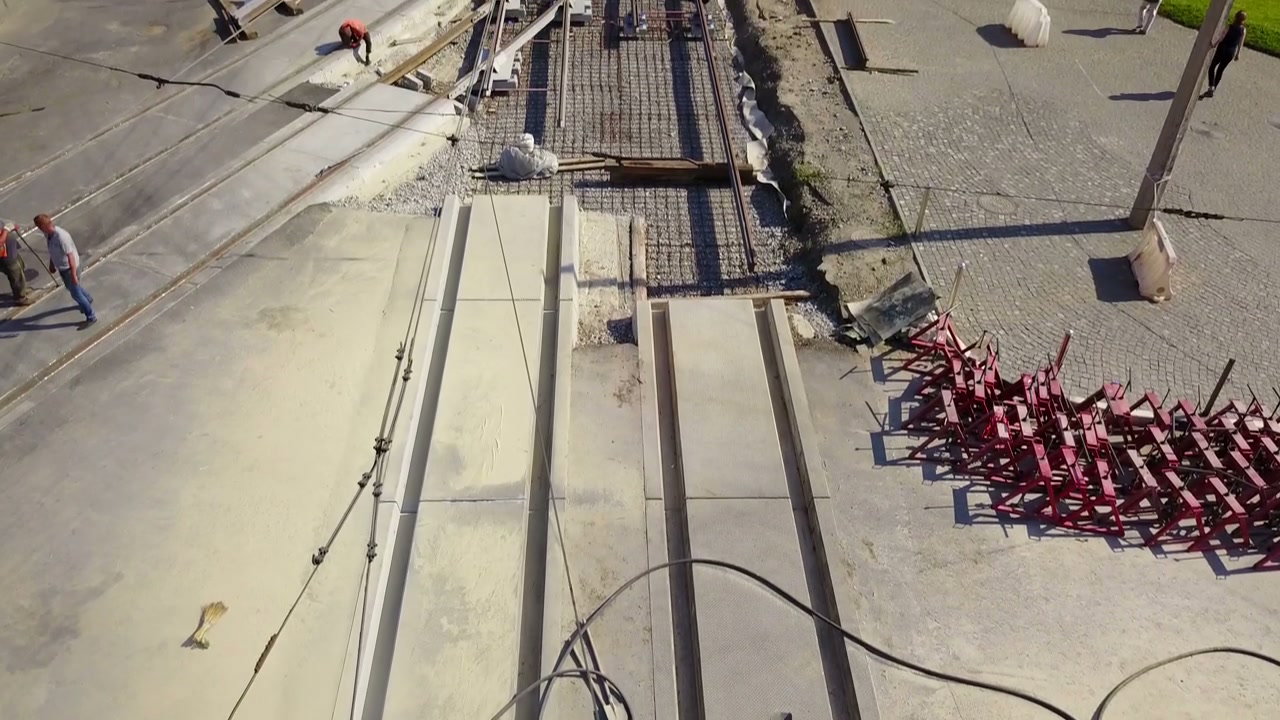 Drone View of Urban Tram Track Construction