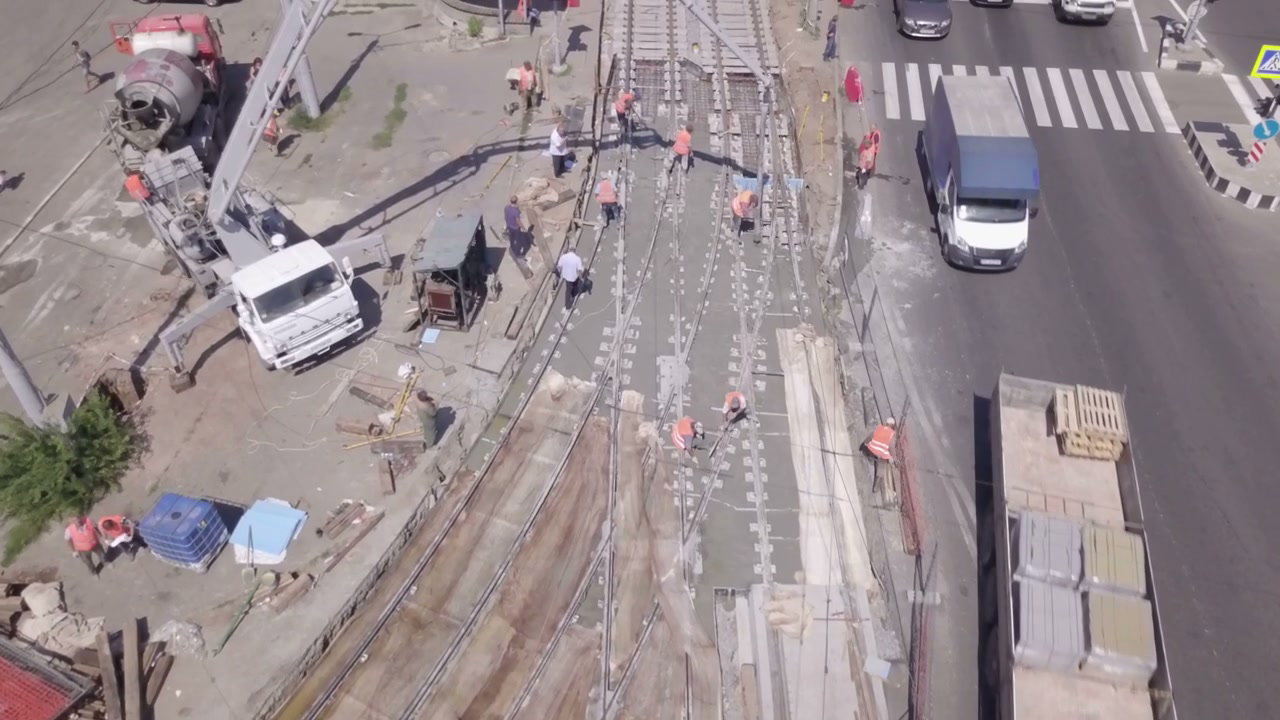 Aerial View of Road and Tram Track Construction