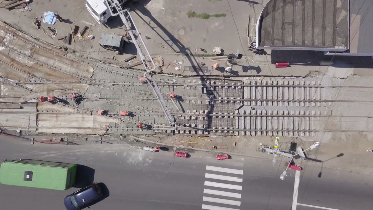Drone View of Urban Tram Track Construction