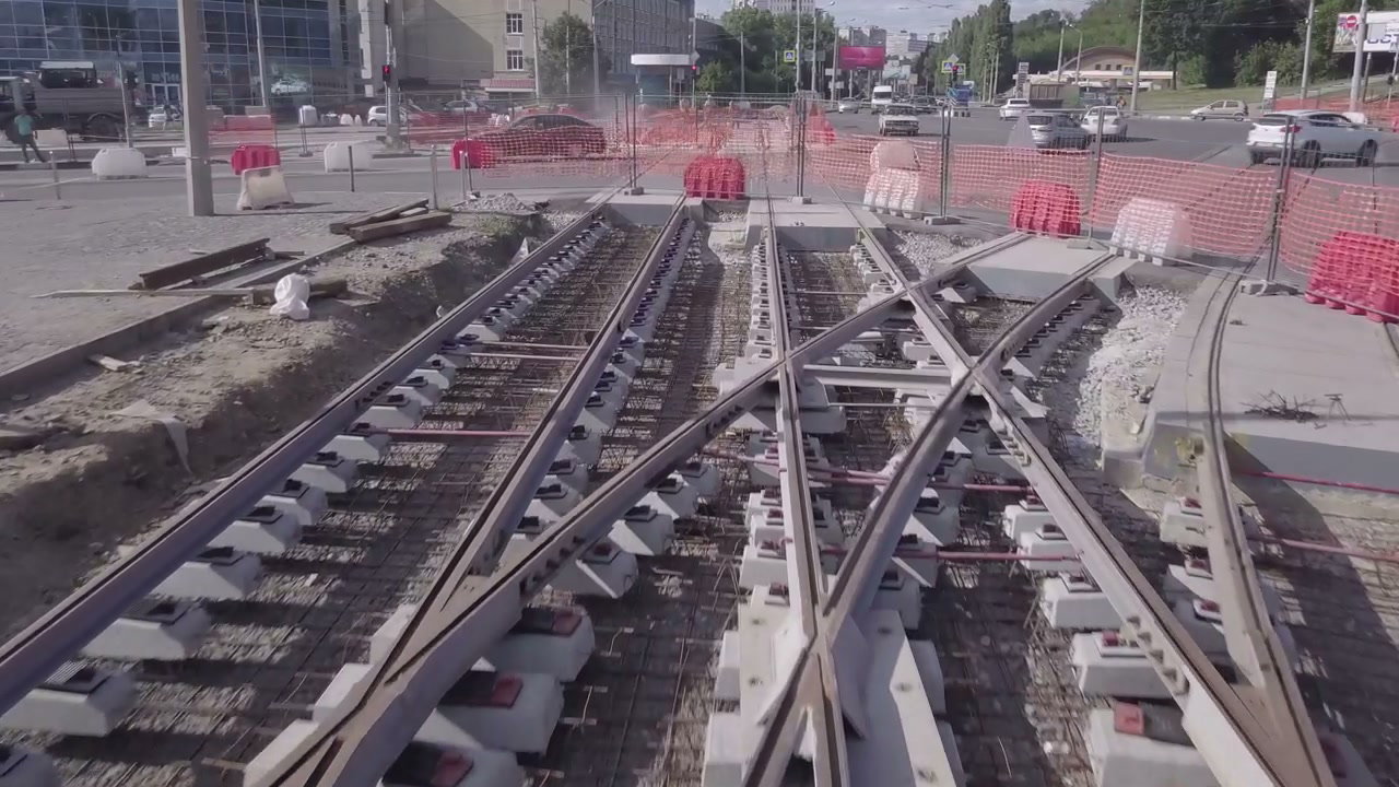 Drone View of Urban Tram Track Construction