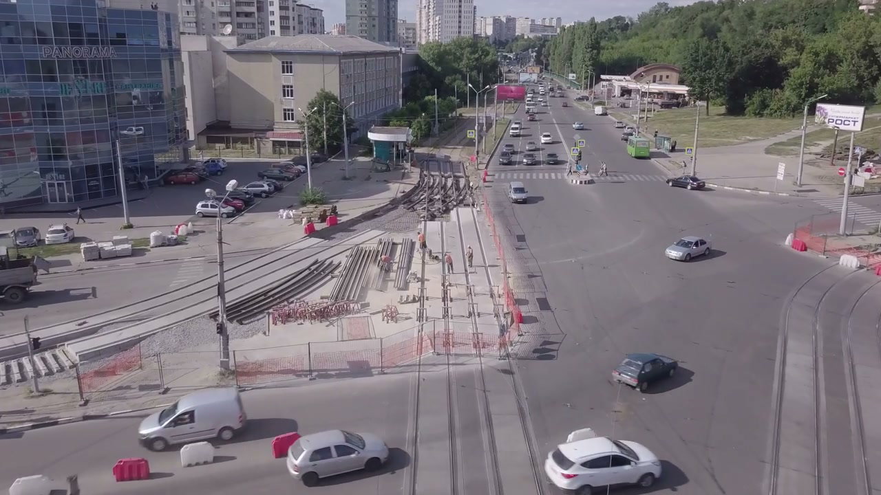 Aerial City Street Tram Track Construction